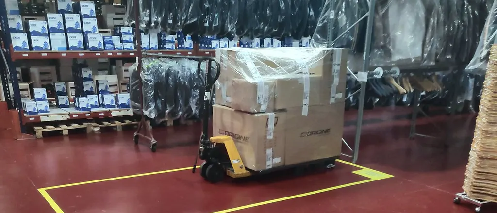 Wrapped pallet on a pallet truck in a floor-marked dispatch area, next to hanging garments